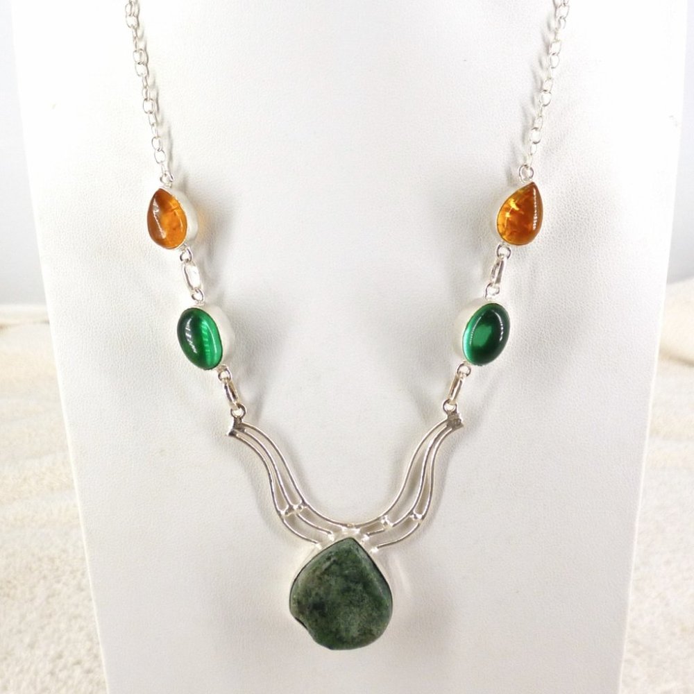 Jasper Necklace Emerald Green & Faux Amber Tone Stones 925 Silver 19"-22" 19420